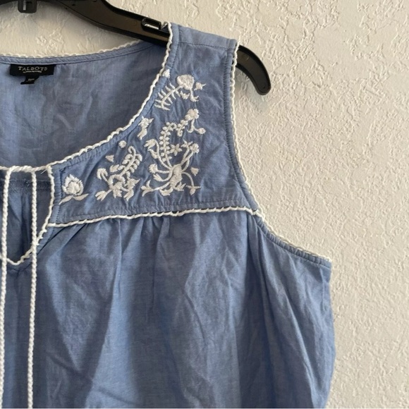 TALBOTS Tank Top  SMALL Chambray Embroidered Tassel Tie Popover Shell Cotton - Picture 3 of 6